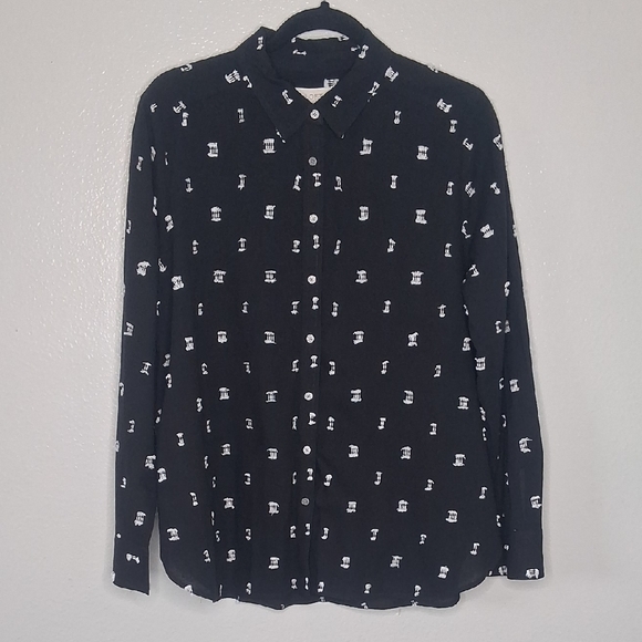 LOFT Black Button-Up Long Sleeve Shirt White Embroidery Accents Preppy Boho Sz L - Picture 2 of 15
